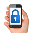 Hand holding smartphone with closed padlock on display. Generic