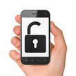 Hand holding smartphone with opened padlock