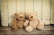 two teddybears on wood