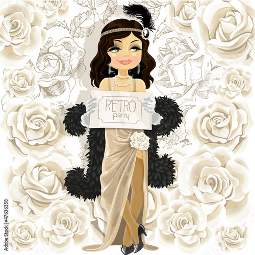 Vector: Cute woman with Retro party poster Cute woman with Retro party poster