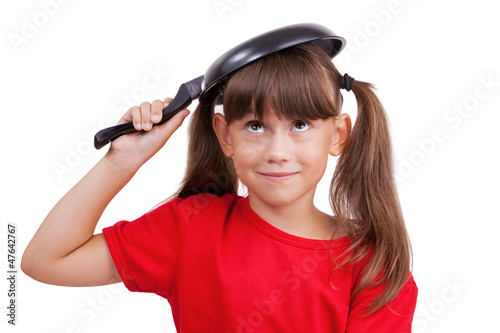 Photo: Little girl cover with pan Little girl cover with pan