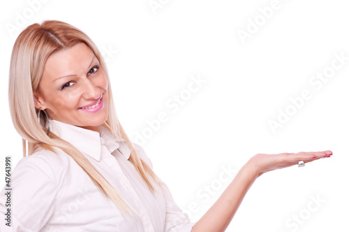 Photo: Blonde holding something imaginary on the hand Blonde holding something imaginary on the hand