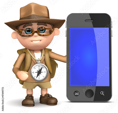 Illustration: 3d Adventurer stands by smartphone 3d Adventurer stands by smartphone