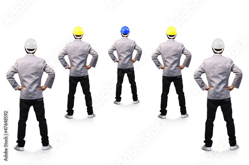 Photo: Engineers person standing back view, isolated on white Engineers person standing back view, isolated on white