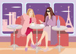 Women eat in restautant in Paris.Eiffel tower background
