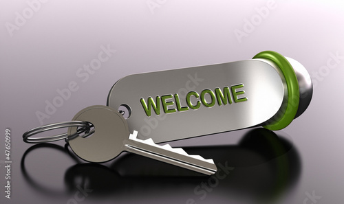 Illustration: Welcome in our hotel rent a room, bedroom booking, key ring Welcome in our hotel rent a room, bedroom booking, key ring