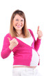 Happy pregnant woman thumbs up isolated on white background.