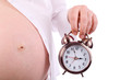 Belly of pregnant woman in white holding alarm clock isolated