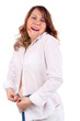Pregnant woman in white tries to tighten centimeter tape