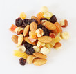 Handful of nuts, dried fruits and candied fruits on white