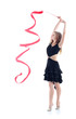 Photo: Young graceful gymnast in black dress with red ribbon Young graceful gymnast in black dress with red ribbon