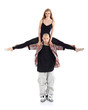 Photo: Breakdancer keeps on shoulders ballerina in black isolated Breakdancer keeps on shoulders ballerina in black isolated