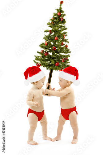 Photo: Kids present Christmas fir tree as New year gift Kids present Christmas fir tree as New year gift