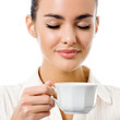 Young happy woman with cup of coffee, isolated