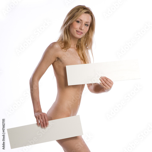 Photo: natural nude woman holding empty white billboard natural nude woman holding empty white billboard