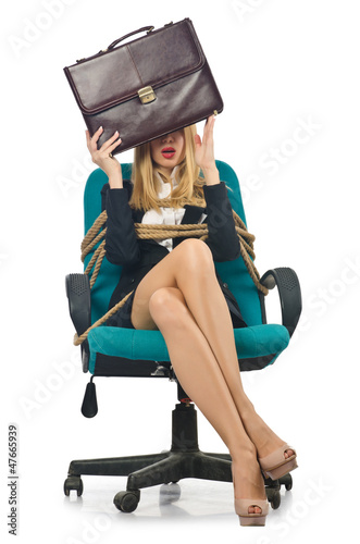 Photo: Businesswoman woman tied up with rope on white Businesswoman woman tied up with rope on white
