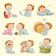 Baby sitting on pot, drinks milk from bottle, sleeps on pillow