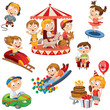 Amusement Park. Children ride on carousel, trampoline