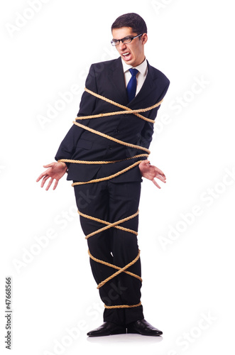 Photo: Businessman tied up with rope on white Businessman tied up with rope on white