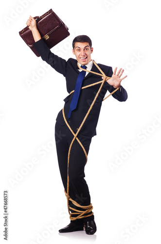 Photo: Businessman tied up with rope on white Businessman tied up with rope on white