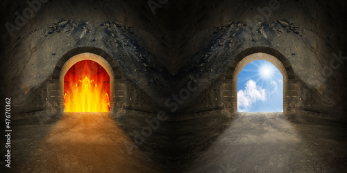 Illustration: Two gates to heaven and hell. Choice concept. Two gates to heaven and hell. Choice concept.