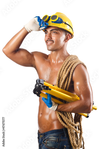 Photo: Naked construction worker on white Naked construction worker on white