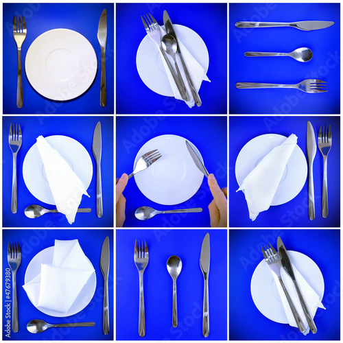 Photo: Collage of forks,knifes,spoons on red background. Collage of forks,knifes,spoons on red background.