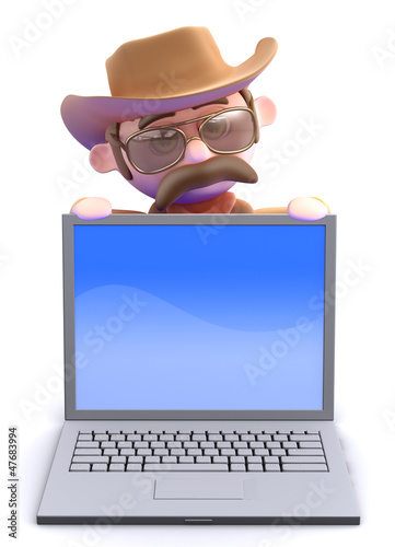 Illustration: Cowboy stands behind laptop Cowboy stands behind laptop