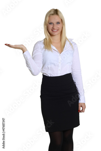 Photo: Beautiful blonde caucasian business woman standing showing Beautiful blonde caucasian business woman standing showing