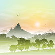 Vector: A Misty Forest Landscape with Mountains and Sunset, Sunrise A Misty Forest Landscape with Mountains and Sunset, Sunrise
