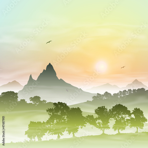 Vector: A Misty Forest Landscape with Mountains and Sunset, Sunrise A Misty Forest Landscape with Mountains and Sunset, Sunrise