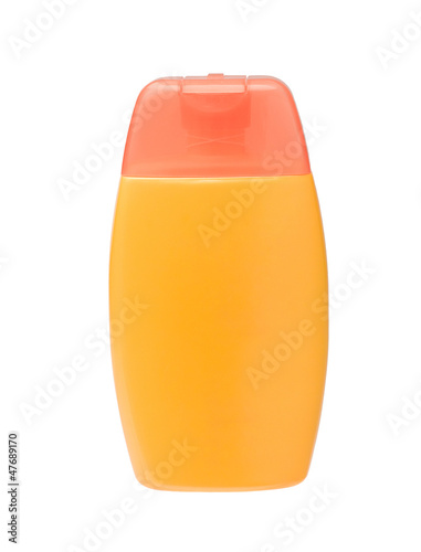 Photo: A yellow sunblock bottle with blank label A yellow sunblock bottle with blank label