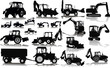 Set of 18 silhouettes of a tractors of road service