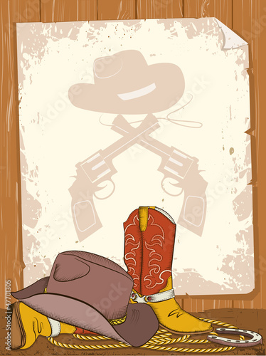 Illustration: Cowboy background with american boots and old paper for text Cowboy background with american boots and old paper for text