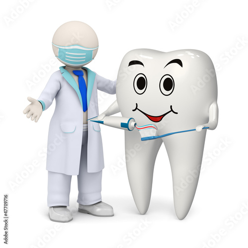 Photo: 3d dentist with a smiling tooth and toothbrush 3d dentist with a smiling tooth and toothbrush