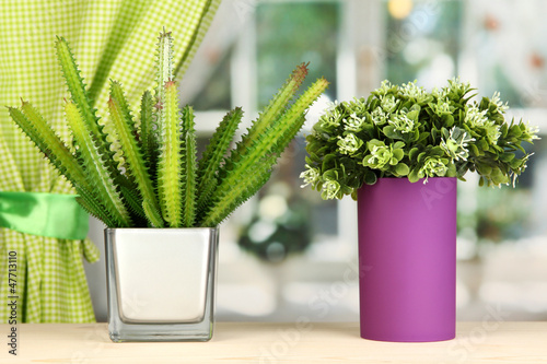 Photo: Decorative flowers in vases on windowsill Decorative flowers in vases on windowsill
