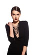 glamor sexy model with red lips,bright makeup in black dress