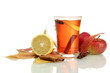 cup of hot tea and autumn leaves, isolated on white