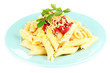 Rigatoni pasta dish with tomato sauce isolated on white