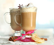 Fragrant coffee latte in glasses cups with spices,