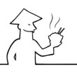 Black line art illustration of Asian man with food.