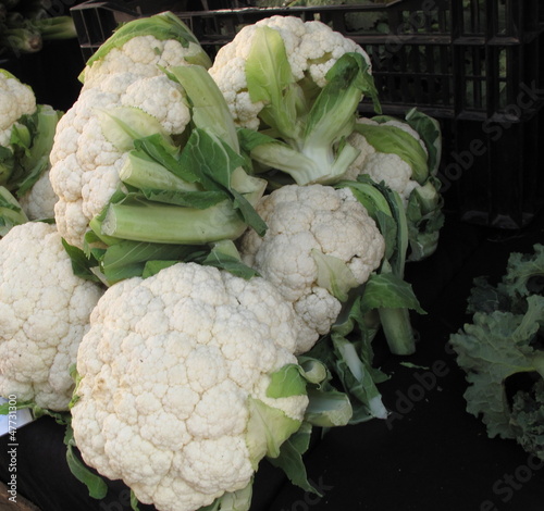 Photo: Boxes of organic cauliflower for sale at farmers market Boxes of organic cauliflower for sale at farmers market