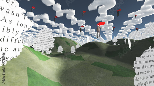 Illustration: Question clouds over surrreal landscape Question clouds over surrreal landscape