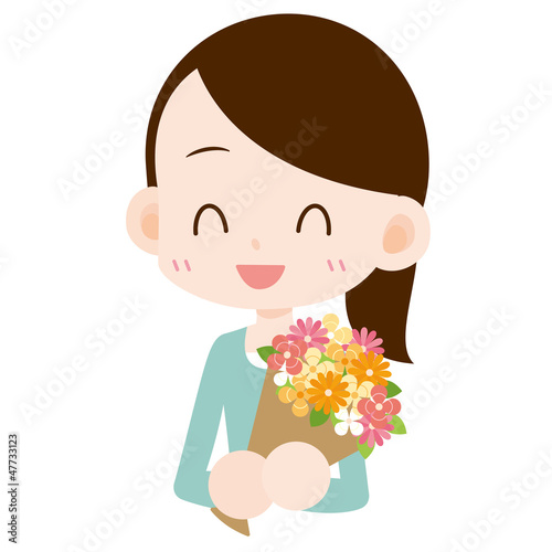 Illustration: 花束を抱える女性 花束を抱える女性