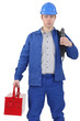 Electrician standing on white background