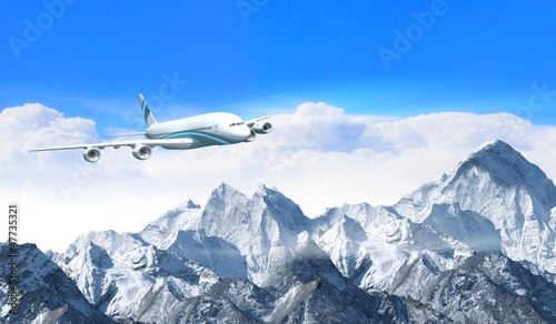 Illustration: White passenger plane above the mountains White passenger plane above the mountains