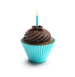 Blue birthday chocolate cupcake, sweet dessert with  cream