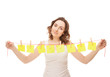 Beautiful woman holding a cord with sticky