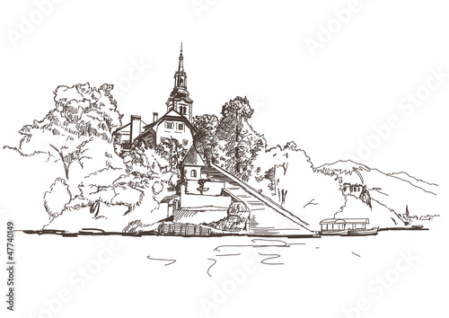 Vector: Church on the island in lake Bled in Slovenia Church on the island in lake Bled in Slovenia