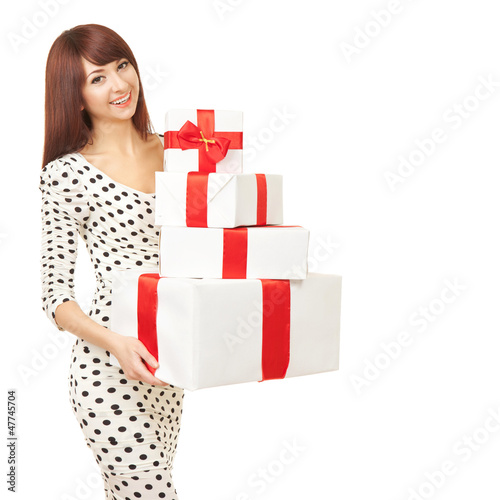 Photo: Happy woman with gift boxes Happy woman with gift boxes